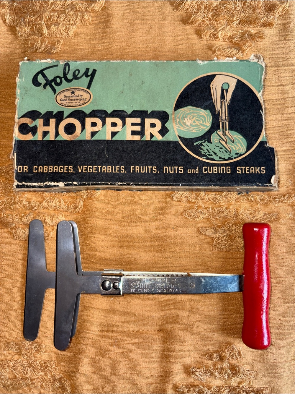 Vintage Foley Chopper Red Wood Handle Mid Century with Original Box